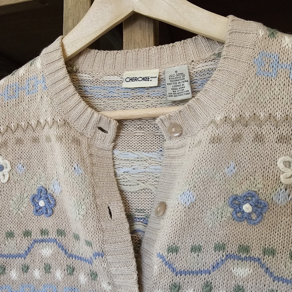 Vintage 90's Cottagecore Granny Cardigan Tan Sage Blue Crochet Floral Embroidery - Picture 5 of 9